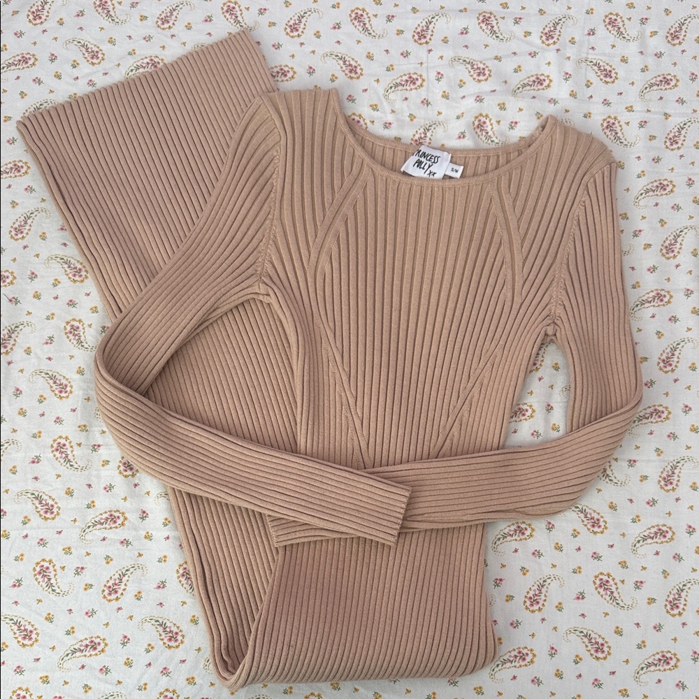 Princess Poly Beige Long Ribbed Knit Dress Maxi